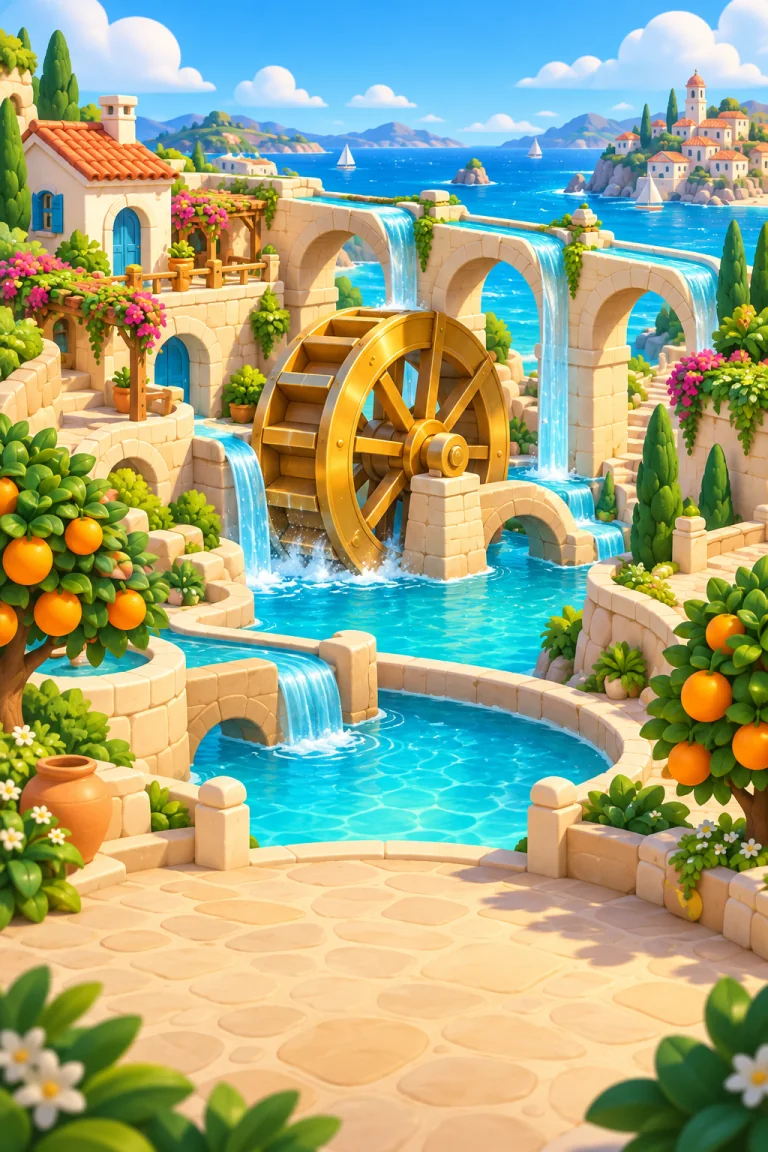 A sunlit garden with a waterwheel