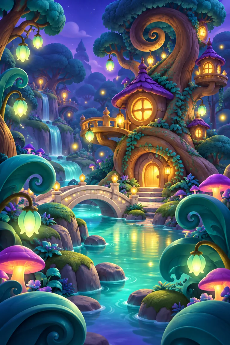 A moonlit forest with lanterns and fireflies