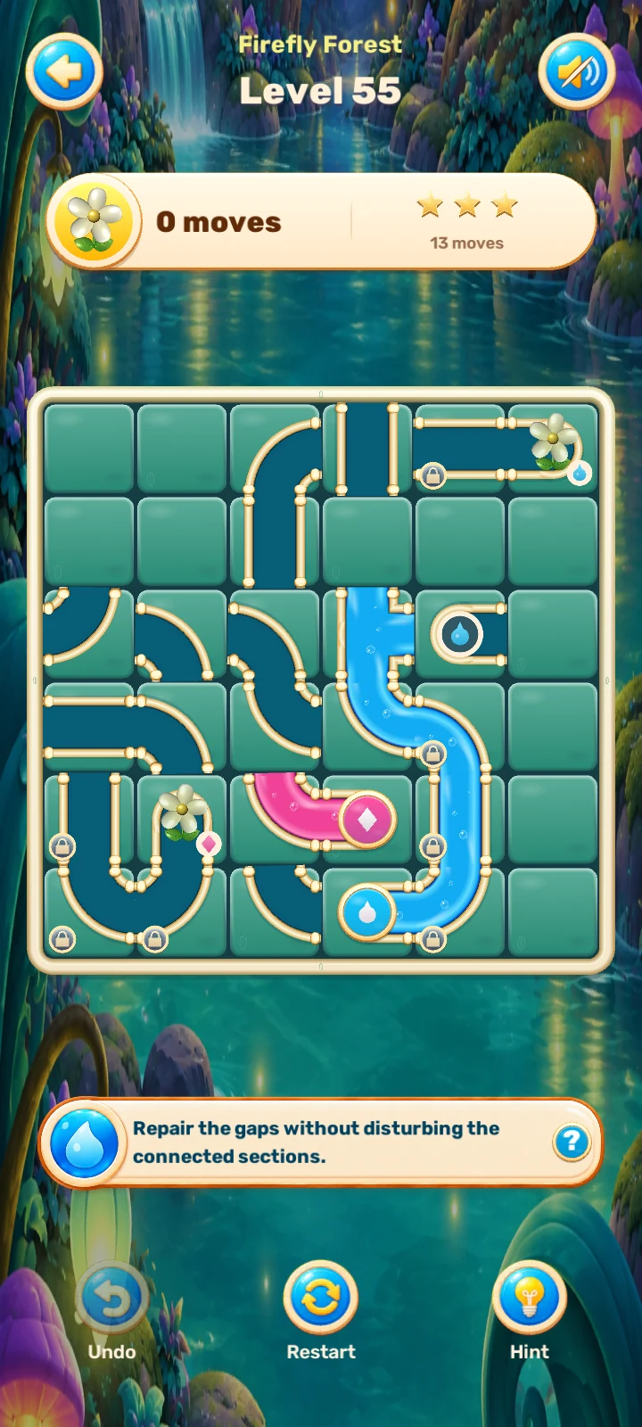 Pipetalia gameplay with pipe connections, colored water, and flowers