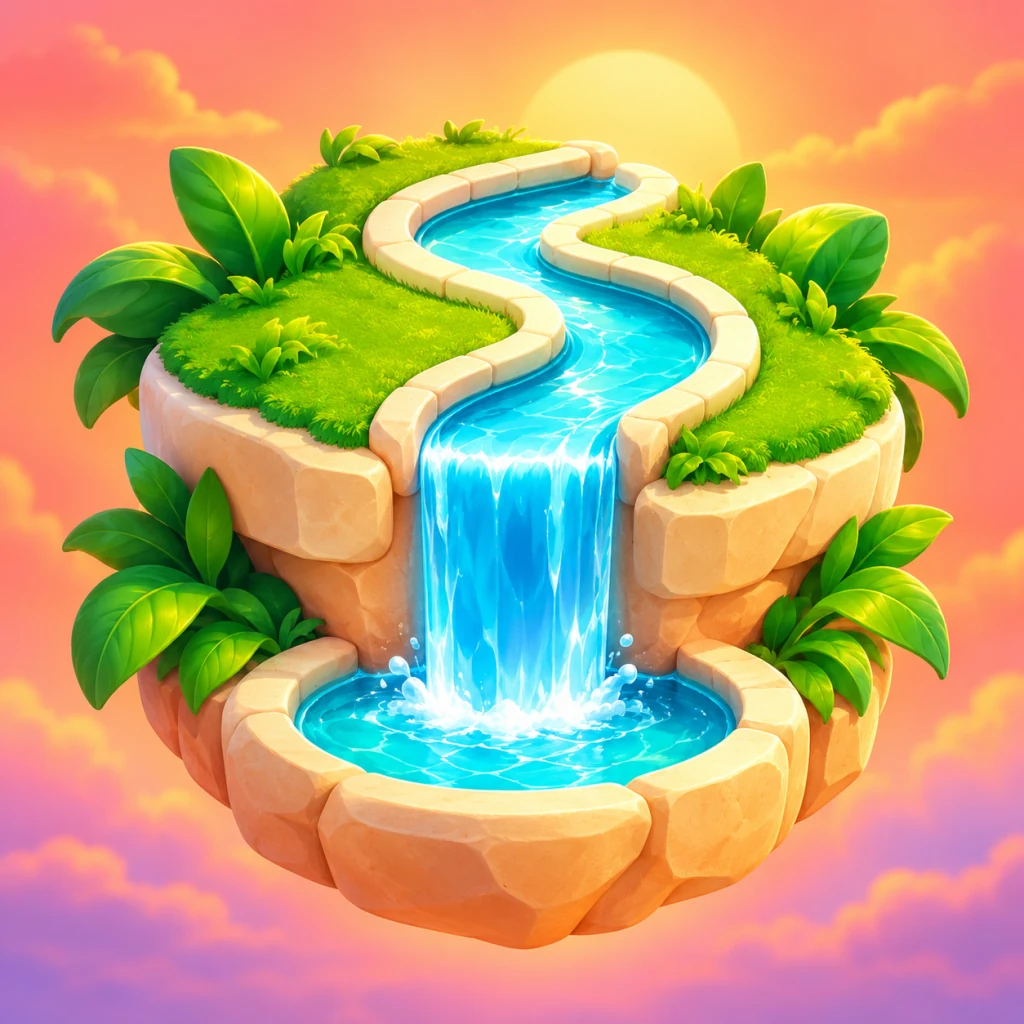 A lush island with a winding turquoise stream and waterfall at sunset